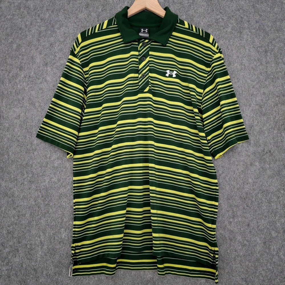 Under Armour Polo Shirt Mens Large Green Yellow Striped Performance‎ Golf Logo